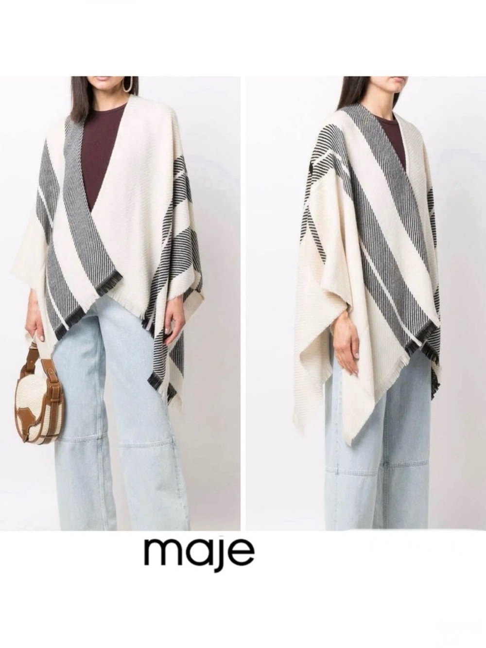 MAJE Neutral Cream Black Striped Wool Blend Fringed Shawl Wrap Cape Wrap Poncho